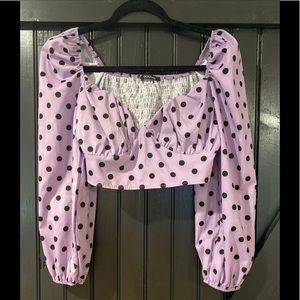 Boohoo lilac black polka dots crop top long sleeve part top size 10 Nwot